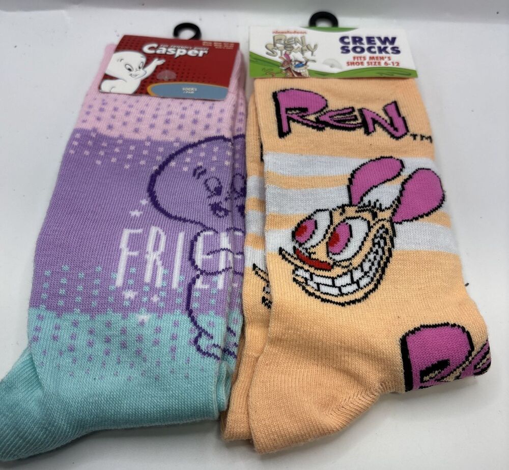 Nickelodeon Ren & Stimpy Casper Crew Socks Lot NWT Cartoon Novelty Sz: 6-12